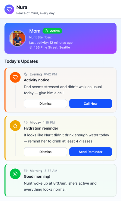Nura caregiver app home screen